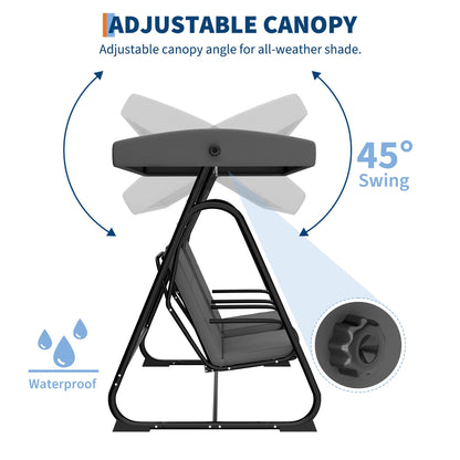 GarveeLife 2 Person Porch Swing Chair, Heavy Duty Outdoor Patio Swing Glider with Adjustable Canopy & Removable Cushions, Independent Swing Chairs for Garden, Balcony, Poolside, Backyard, Dark Grey