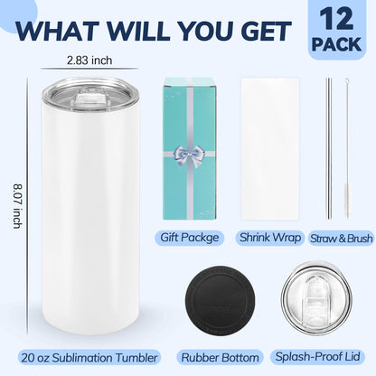 D·S 12 Pack Sublimation Tumblers 20 oz Bulk Skinny Straight Flat Bottom Blank Tumbler Cups with Individual Gift Boxed for Heat Transfer DIY Craft
