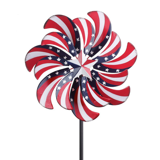 hogardeck 4th of July Wind Spinners Outdoor, Metal Wind Spinners with Stakes for Memorial Day Decorations, 360° Rotating Double Layers Windmill Yard Art for Outside Lawn Porch, Red White Blue