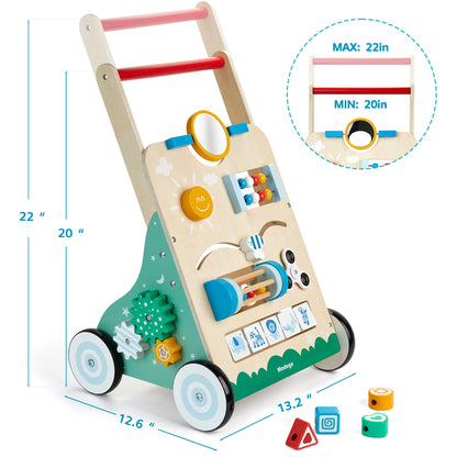 Wooden Baby Walker, 10 in 1 Baby Activity Center Walker Adjustable Wood Toddler Walker Push Walker Toy for Boys and Girls (BW001)