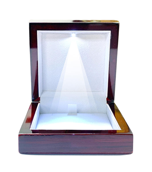 Necklace Box with LED Light – Small Jewelry Display Case for Bracelet, Earrings, or Chains – Luxury Lighted Wooden Presentation Box for Gifts, DIY Crafts, Mahogany, White Interior