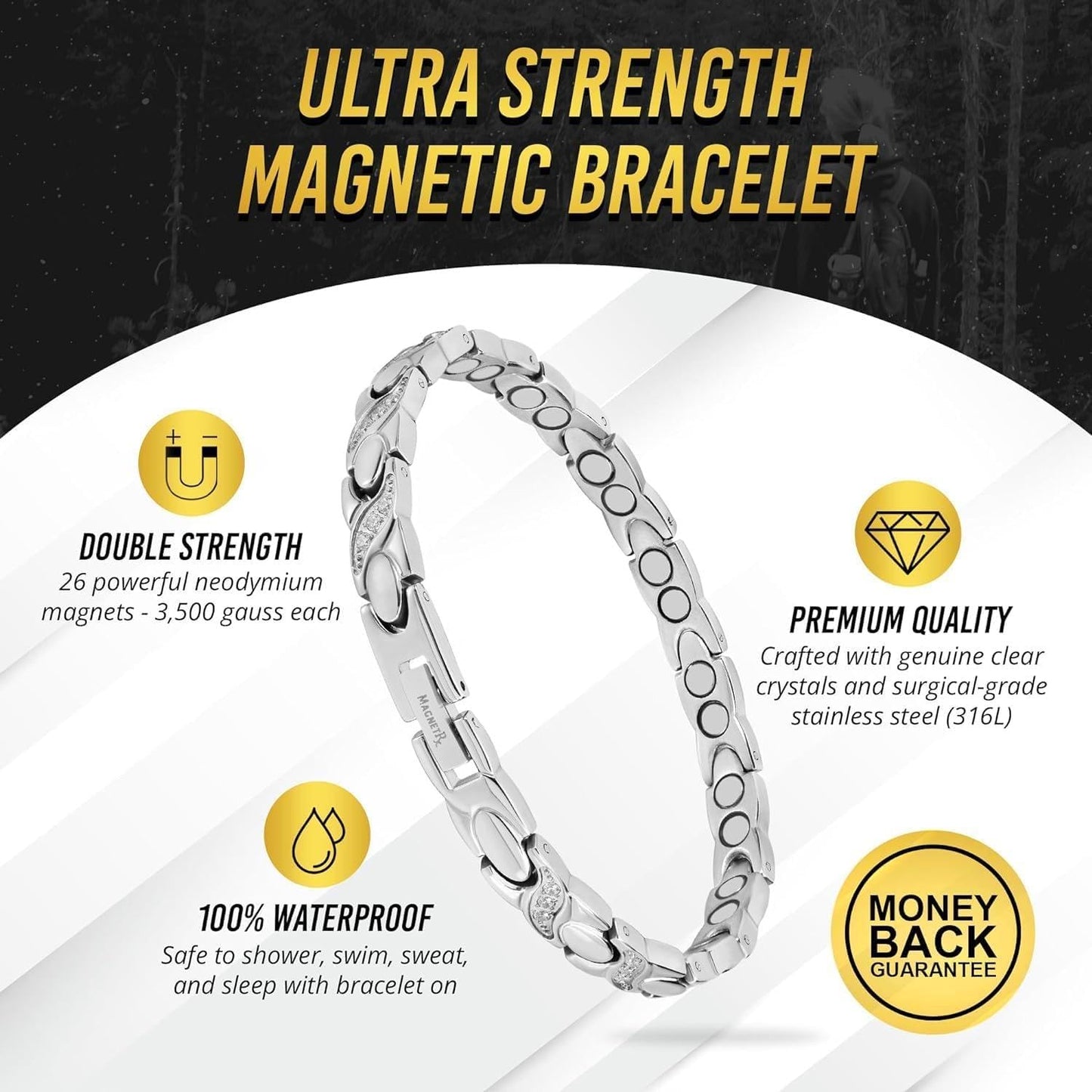 MagnetRX® Ultra Strength Magnetic Bracelets for Women – Double Magnet Stainless Steel Crystal Bracelet for Women – Adjustable Bracelet Length with Sizing Tool (Silver)