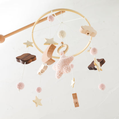 let's make Baby Crib Mobile for Boys Girls| Boho Nursery Mobile| Gender Neutral Hand-Crocheted Mobile| Ceiling Mobile - Stars, Clouds, Moon (Pink)