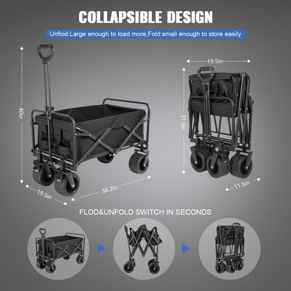 EVLIQUIL Collapsible Foldable Beach Wagon,Folding Wagon Cart with Big Wheels,Utility Grocery All Terrain Wagons carts Foldable with Brakes for Sand Camping Sports Outdoor(Deep Black).