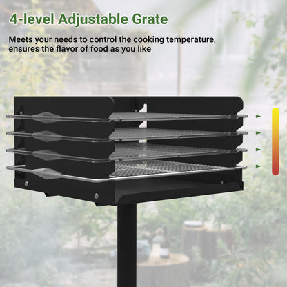 Toriexon Park Grills, 256 Sq. In, Park Style Charcoal Grill, Heavy Duty In Ground Park Grill with Stainless Steel Cooking Grate and Cover for Commercial and Outdoor Cooking 16'' L x 16'' W x 8'' H