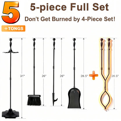 AMAGABELI Garden & Home 5 Pcs Fireplace Tools Set 31 Inch Indoor Black Handle Wrought Iron Large Fire Tool Accessories Set Holder Outdoor Fireset Modern Fire Pit Stand with Poker Brush Shovel Tong