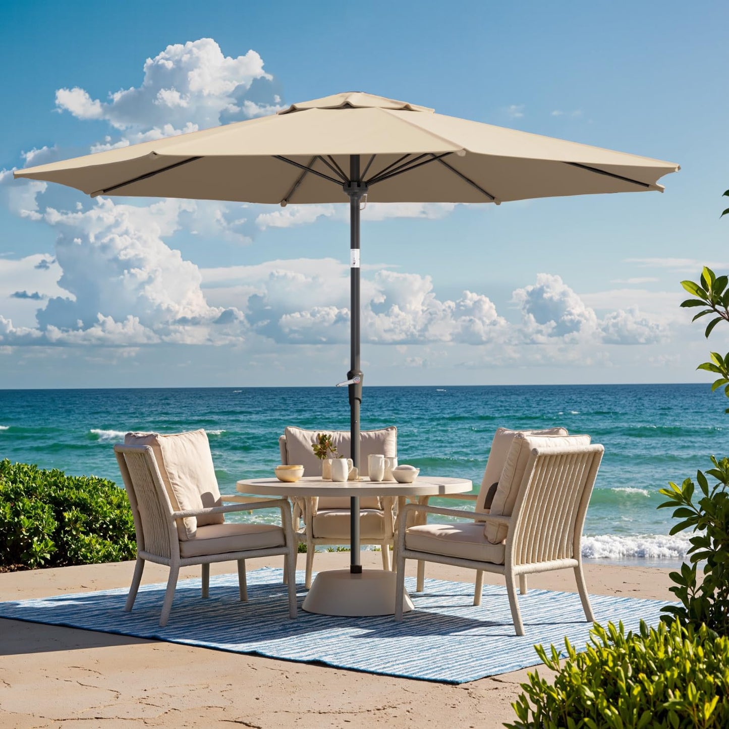 Benass 9ft Outdoor Patio Umbrella with One Push Button Tilt and Crank, 8 Sturdy Fiberglass Ribs Market Table Umbrella (Beige)