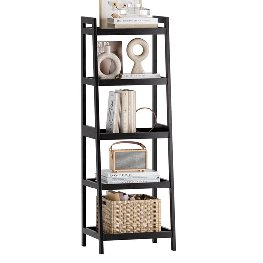 SMIBUY Bamboo Ladder Bookcase, Bathroom Storage Rack Organizer, 4 Tier and 5 Tier Freestanding Plant Display Stand Space Saver Shelves for Bedroom, Kitchen, Balcony (Black, 5 Tiers (50" H))