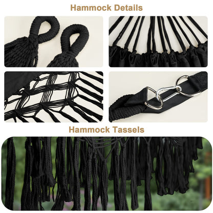 Bellzacasa Double Hammock, Heavy Duty 500 lb Load Capacity Tassels and Fishtail Knitting with Mounting Straps for Outdoor Camping Patio Balcony Black