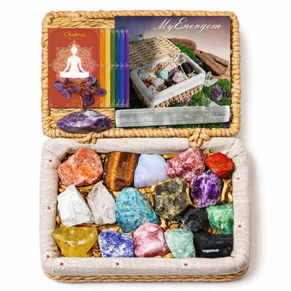 MYDAYS&DESIGN 18Pcs Crystals and Healing Stones Set in Rattan Box, 17 Raw Chakra Stones, 1 Amethyst Tree, Guide for Beginners, Meditation Yoga Home Decor, Healing Crystal Gifts for Women Mom Girl