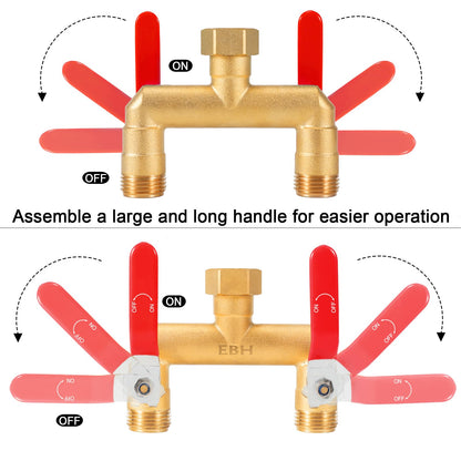 EBH Garden Hose Splitter, 2-Way Full Flow Brass Heavy Duty Outdoor Hose Manifold with Extra Long Handles Shutoff Valves Spigot Adapter- 3/4” GHT Thread