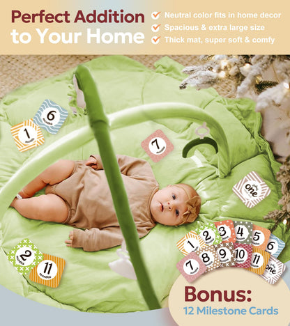 5-in-1 Thick & Plush Baby Play Gym, Baby Play Mats for Floor, Tummy Time Mat with 6 Toys, Convertible Stage-Based Developmental from Babies to Toddlers, Ball Pit, Green