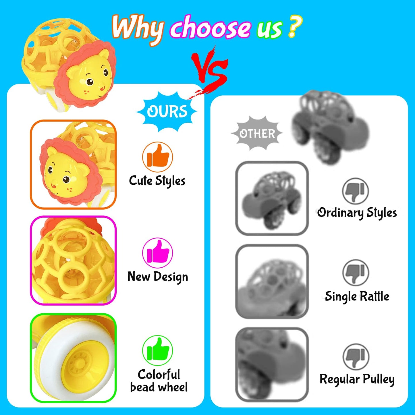 Baby Rattles Toy Car for Toddler Aged 1-3, 5.7in x4.33in Soft Rubber Montessori Sensory Toy for 0-6-12 Months Baby Gifts, Easter Basket Stuffers for Toddler, 1st Birthday Gifts for 1-2 Years Old Boys