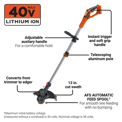 BLACK+DECKER 40V MAX 13 in String Trimmer Edger Cordless with Adjustable Telescoping Pole, 2 in 1 Weed Wacker Lawn Edger, Includes Battery and Charger (LST136)