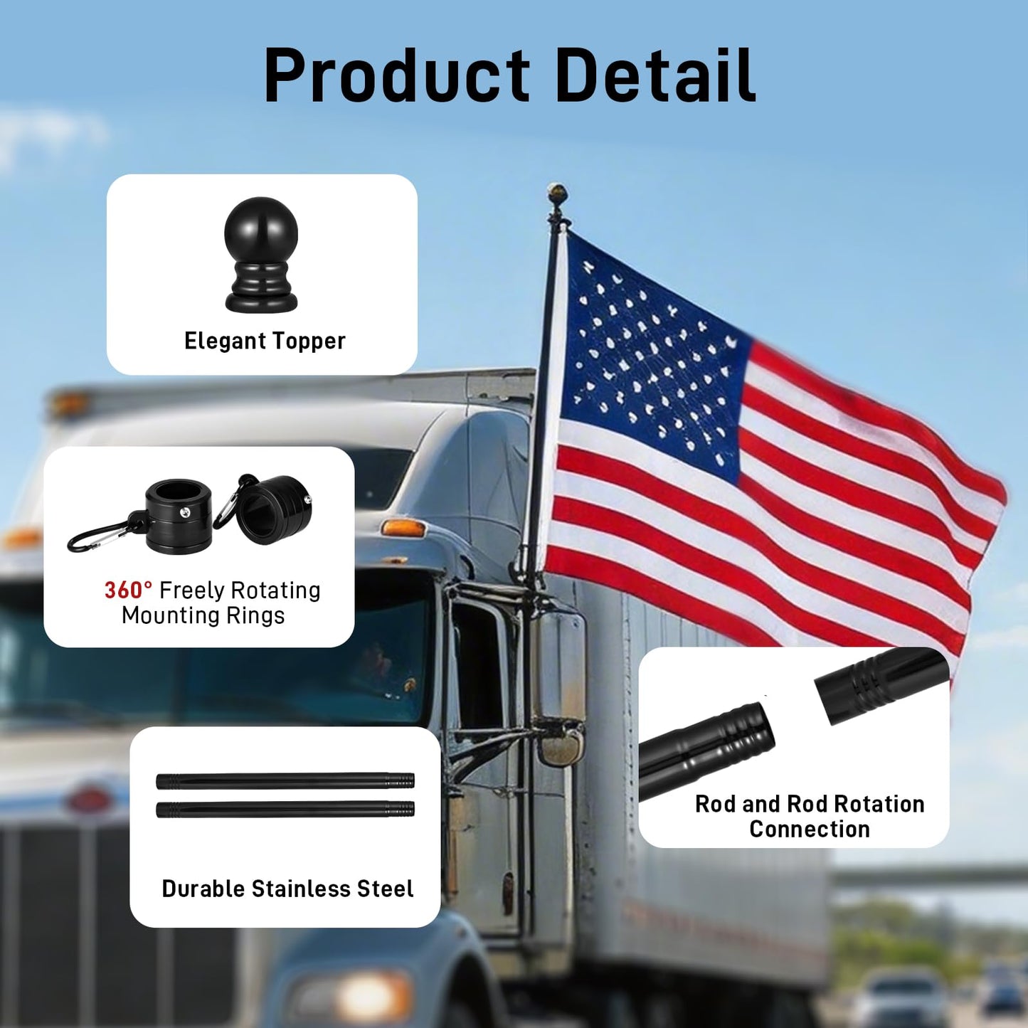 SEEKNEW Black Flag Pole for Outside House, 6 FT Stainless Steel No Tangle Spinning Residential Flagpoles & Two-Position Flag Pole Holder Brackets Mounting for USA Outdoor Flags for Porch(Without Flag)