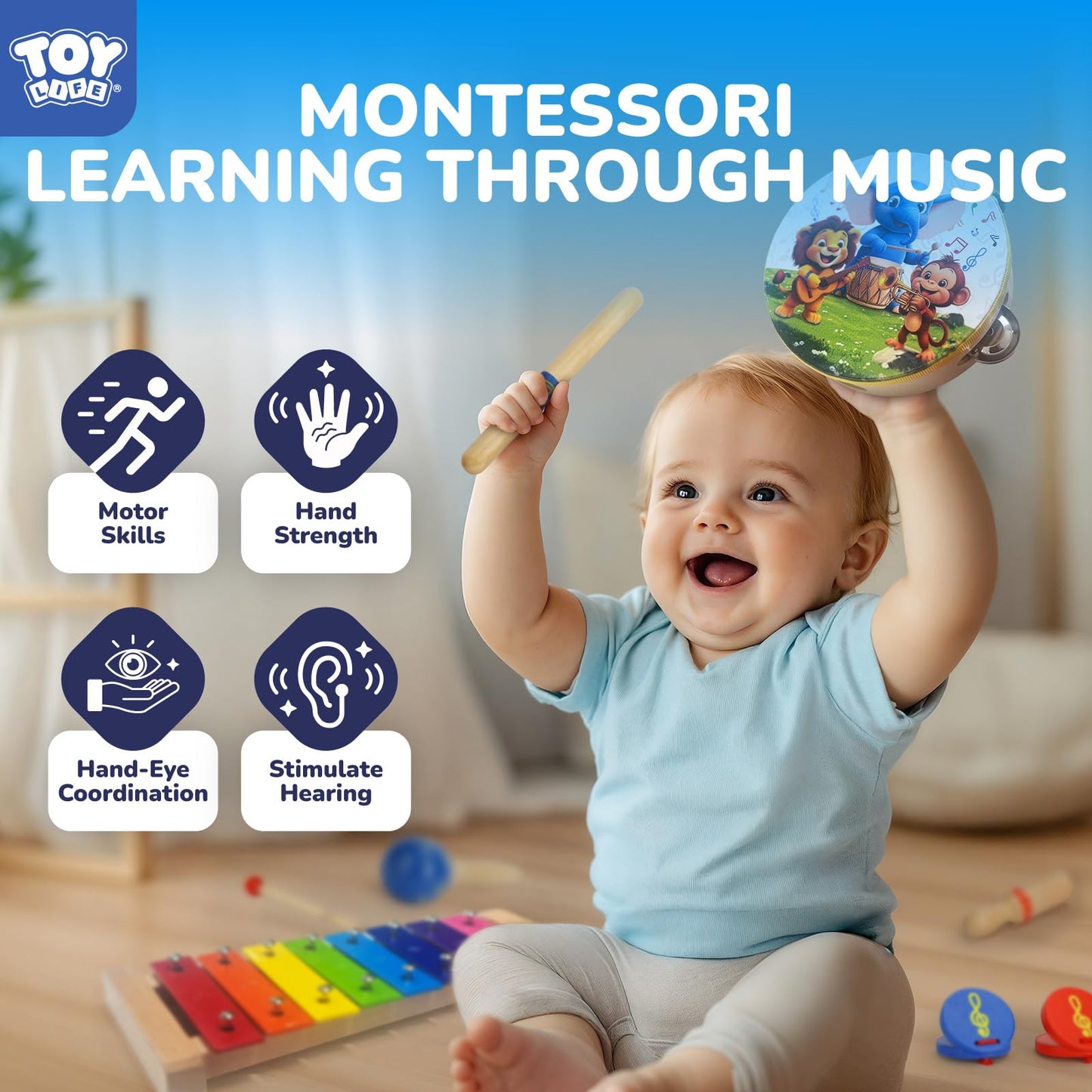TOY Life Toddler Musical Instruments for Kids, Baby Musical Toys for Toddlers 1-3, Montessori Wooden Toys Percussion Instruments Set with Tambourine Xylophone Maracas for Kids Preschool Education