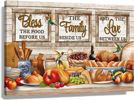 Zhefoart Bless The Food Before Us Wall Decor Religious Quotes Poster Vintage Framed Kitchen Wall Art Table Food Poster 12x18 inches