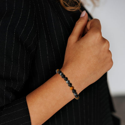 Gnamy Bracelet Gifts for Women, Triple Protection Healing Crystal Beaded Bracelets Hematite Black Tourmaline Tigers Eye Natural Worry Stones Anxiety Healing Birthday Easter Basket Stuffers Jewelry Presents for Her Adults Mom