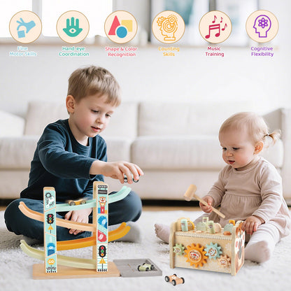 Wooden Montessori Toys for 1 Year Old, Pounding Hammering Toy with Xylophone & Fishing Game, Car Ramp Toy, Stacking Blocks & Shape Sorter 3 in 1 Wooden Toddler Toys 1 2 3 for Christmas Easter Gifts