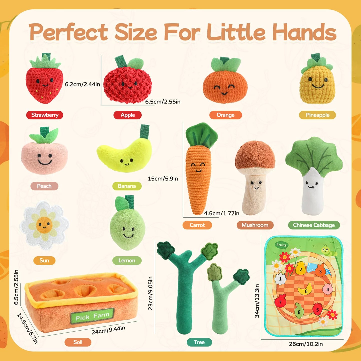 Mini Tudou Baby Toys 6-12 Months-Fruits Veggies Farm Stuffed Toys 15PCS-Sensory Educational Toy Mushroom Carrot with Rattle Squeaker Crinkle Texture Color Shape Number Matching Gifts