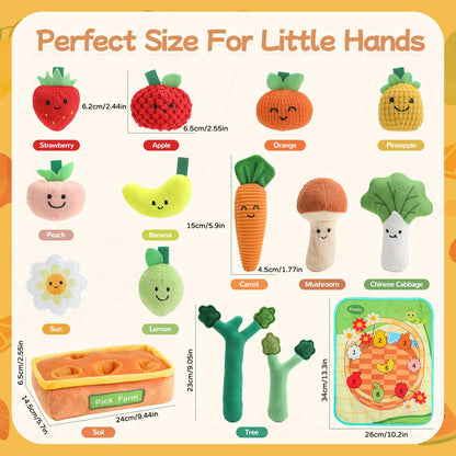 Mini Tudou Baby Toys 6-12 Months-Fruits Veggies Farm Stuffed Toys 15PCS-Sensory Educational Toy Mushroom Carrot with Rattle Squeaker Crinkle Texture Color Shape Number Matching Gifts