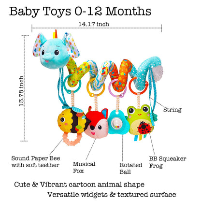Stroller Toys, Car Seat Toys for Babies Infants 0-6 Months, Activity Spiral Plush Hanging Toy Gift for Baby Boys and Girls 0 3 6 12 Months Newborn Sensory Toy with Rattles Squeaker Music -Blue