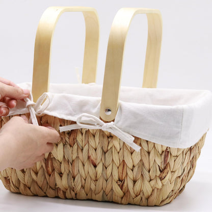 Basket with Handle-Wicker Picnic Basket,Natural Hand-Woven Basket with Lining Removable and Washable,Suitable for Easter,Mother's Day,Outdoor Camping,Picnic Size 15x9x7 Inches