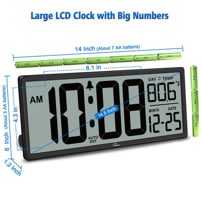 WallarGe 14.5'' Large Digital Wall Clock Battery Operated with Jumbo Numbers, Temperature and Date - Easy to Read and Set, Auto DST