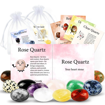 TUZELIYA 12Pcs Crystals and Healing Stones Set Meaning and Information Card Organza Pouch Bulk Polished Gemstones Emotional Support Natural Lucky Gems Family Teachers Friends Birthday Gifts Graduation
