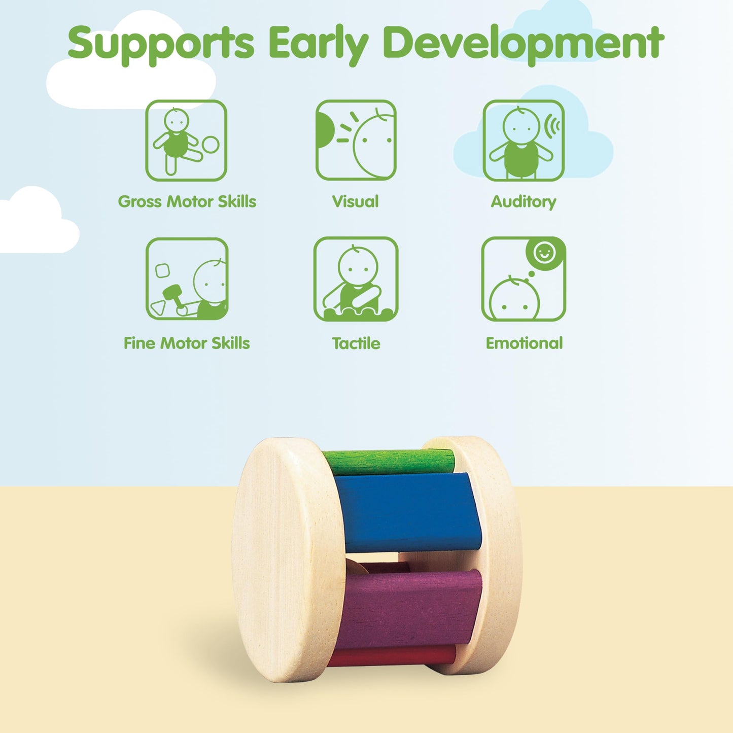PlanToys® Wooden Roller Rattle Toy for Babies | Montessori Baby Sensory Toy with Gentle Sound | Eco-Friendly Crawling & Motor Skill Toys for Infants