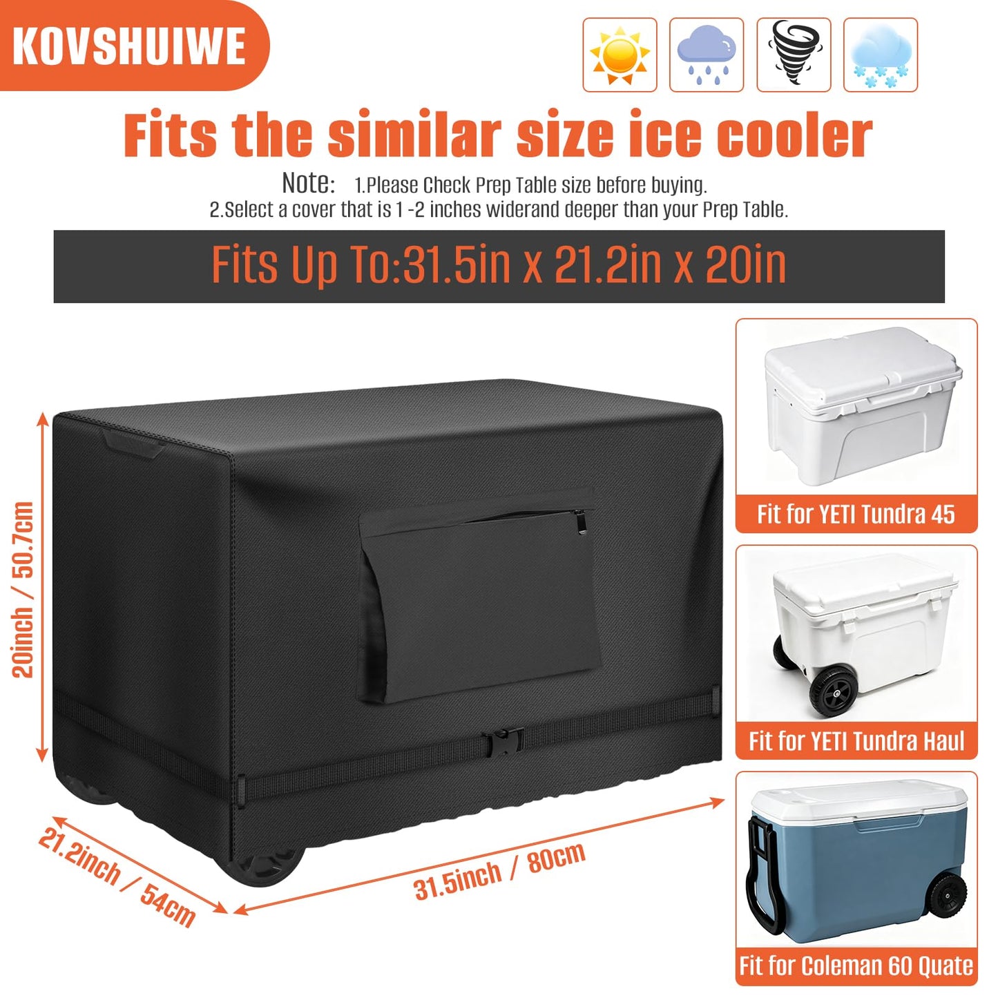 Cooler Cover for 45/65 Cooler, Kovshuiwe Heavy Duty Waterproof Ice Chest Cover, Ice Box Covers, Heavy Duty 420D Oxford Fabric, 31.5”(L) x 21.2”(D) x 20”(H)