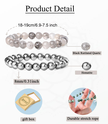 Bivei Natural Gemstone Semi Precious Crystals Handmade Stretchy Round Beads Bracelet, Enhance Positive Energy,Stocking Stuffers for Women(Black Rutilated Quartz & Hematite (Emotional Trauma) Medium)