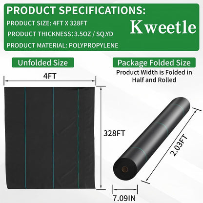 Kweetle 4FT X 328FT Garden Weed Barrier Landscape Fabric Heavy Duty Ultra Thick Premium Weeds Control Mat Ground Cover Weed Block Gardening Mat, 20 Ground Stakes Included