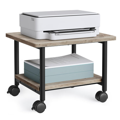 VASAGLE Heavy-Duty Printer Stand with Locking Wheels, 2-Tier Industrial Mobile Cart with Storage Shelf, Under Desk Printer Table for Home, Office, 13.4" Height, Heather Greige and Black UOPS002B02