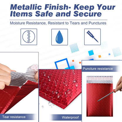 Metallic Matte Red Bubble Mailers - Durable 4x8 Inch Padded Envelopes with Secure Self-Seal Closure - Lightweight & Tear-Resistant Shipping Bags, Pack of 25