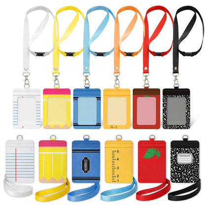 Harloon 6 Pcs Teacher ID Badge Holder with Lanyard Teacher Appreciation Gifts PU Cute Composition Notebook Pencil Crayon Apple ID Badge Holder for Teachers' Day Stuff Office Graduation Gift (Colorful)
