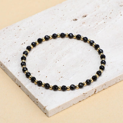 QOGIR Black Tourmaline - Psychic Protection - 14K Gold Plated Beads Natural Gemstone Stretch Elastic Dainty Healing Beaded Bracelets Gifts 4mm