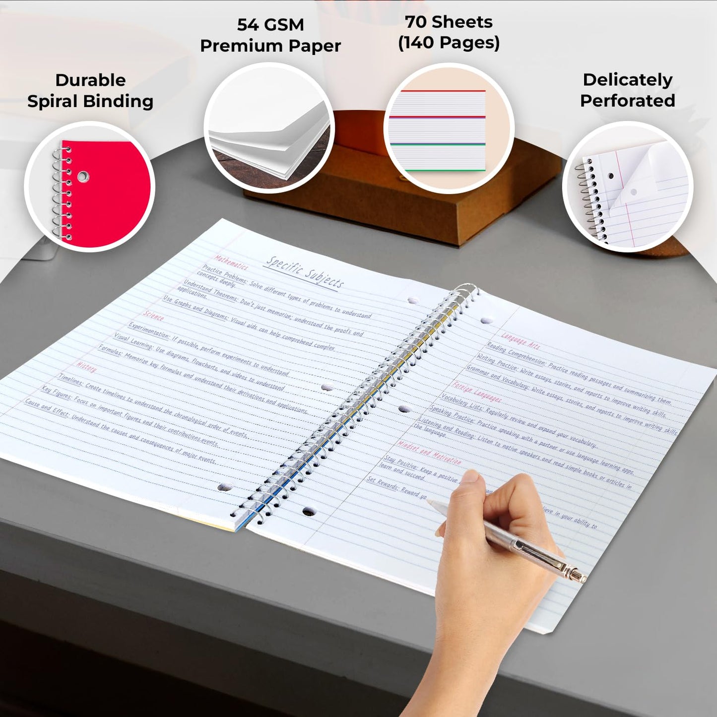 Rosmonde 50 Pack, 1 Subject Spiral Notebook Wide Ruled Bulk, 140 Pages (70 Sheets), Thick No-Bleed Paper, 8 x 10-1/2", 3 Hole Punched, 1 Subject Spiral Notebook Bulk, Bulk Subject Notebook