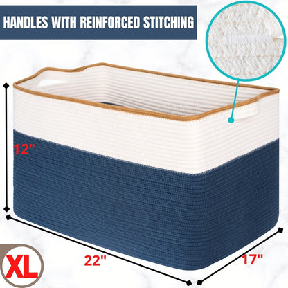 MINTWOOD Design 22in Extra Large Blanket Basket Holder Living Room, Rectangle Rope Woven Storage Basket with Handles for Laundry, Pool Towels, and Shoes, Dog Toy Organizer Bin Box, Prussian Blue