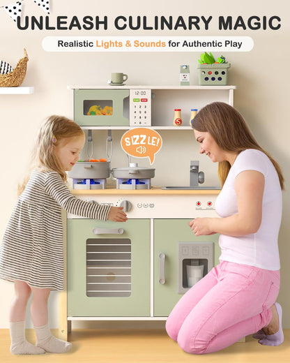 Babytronic Kids Play Kitchen, Wooden Kitchen Playset for Kids Ages 3+ with Real Lights, Sounds, Stove, Sink, Oven, and 30 Pcs Accessories, Toys Kitchen Small Pretend Play Kitchen for Toddlers (Green)