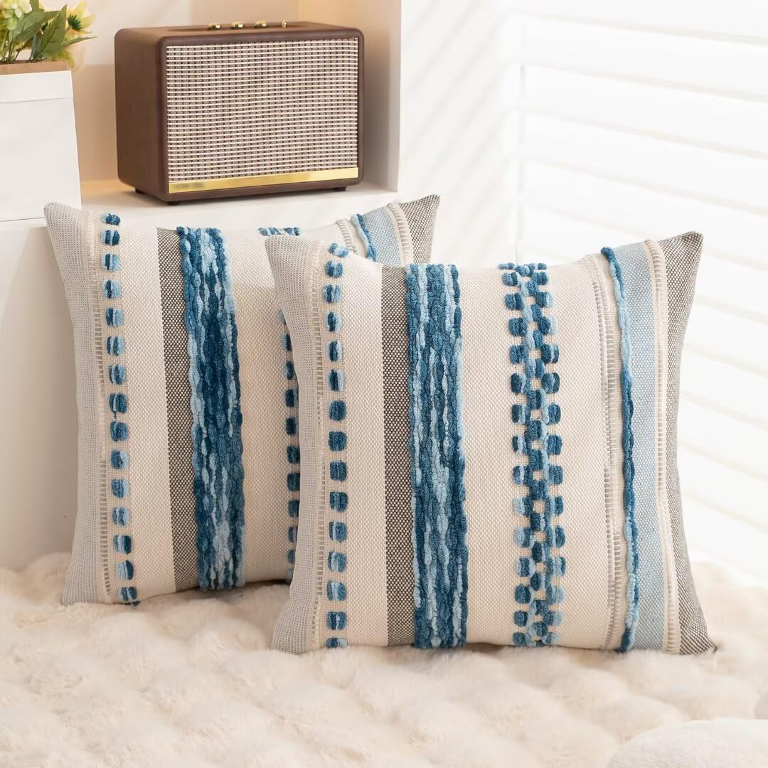 WANLIRD Boho Throw Pillow Covers 18x18 Set of 2 Farmhouse Decorative Cushion Case Striped Square Pillows Cover Chenille Pillow Cases Accent Neutral Pillowcase for Sofa Couch Bed,Sky Blue