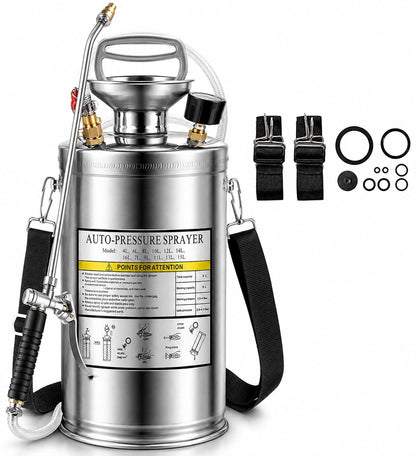 Kweetle 1.5Gal Stainless Steel Pump Up Sprayer Reinforced Hose, Hand Pump Sprayer with Pressure Gauge&Safety Valve, Adjustable Nozzle Suitable for Gardening (1.5 Gallon)