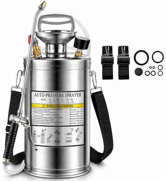 Kweetle 1.5Gal Stainless Steel Pump Up Sprayer Reinforced Hose, Hand Pump Sprayer with Pressure Gauge&Safety Valve, Adjustable Nozzle Suitable for Gardening (1.5 Gallon)