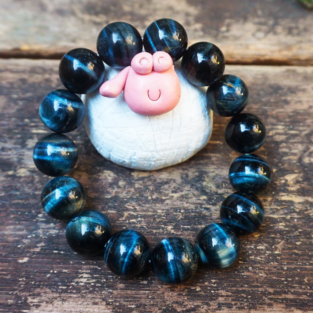 TaHLga Blue Tigers Eye Mens Bracelet 16MM | Fits for About 8" XLarge Wrist | Natural Solar Plexus Chakra Gemstones | Bring Luck Wealth Courage | Protection from Evil | Gift