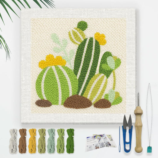 Doodlream Cartoon Cactus DIY Punch Needle Embroidery Kit for Adult Beginner, 9.4" Cactus Punch Stitching Craft Set for Starter with Frame, Fabric Pattern, Threader, Yarn, Pinch Needle