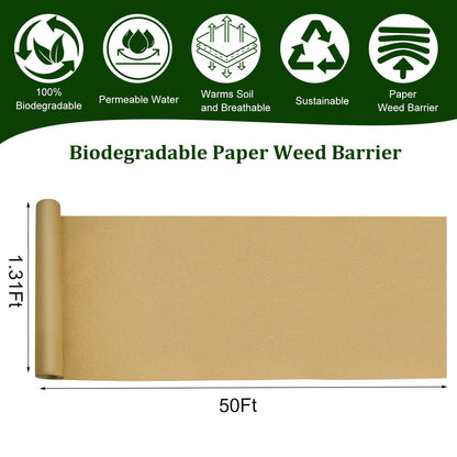 1.31x50 Ft Biodegradable Paper Weed Barrier Roll Heavy Duty Garden Paper Weed Control Biodegradable Landscape Fabric Thickened Garden Bed Grass Paper Mulch Film Weed Block Paper for Garden Lawn