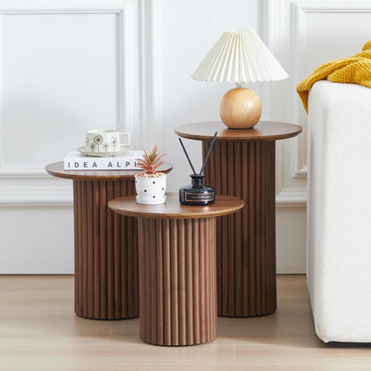 Bifins Round Nesting Coffee Table Set of 3,Mid Century Modern Fluted Coffee and End Table Set,Small Circle Wooden Side Table Drink Table for Living Room (Walnut)