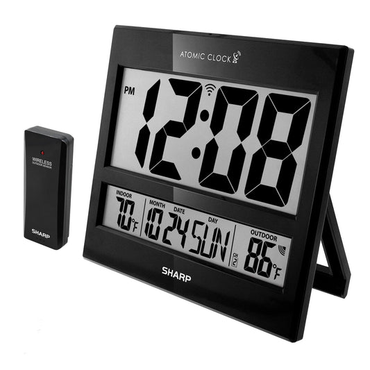 Sharp Atomic Clock – Never Needs Setting, Jumbo 3” Easy-Read Display, Indoor & Outdoor Temperature with Wireless Sensor, Large Digital Wall or Desk Clock, Battery Operated, Auto Atomic Time Sync