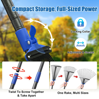 Rake for Leaves: Adjustable Metal Leaf Rake for Lawn, 8-17" Expandable Head, 45” Long Handle,Collapsible Heavy Duty Women Kids Garden Rakes for Yard Pine Needles Mulch Grass Debris Gardening Camping