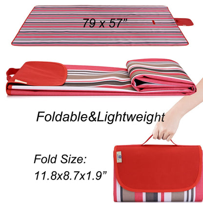 FashionLive Beach Blanket Picnic Mat Sandproof Waterproof Extra Large Outdoor Camping Blanket Foldable Portable Picnic Mat for Travel Hiking Music Festival Park Lawn Grass Red Lines